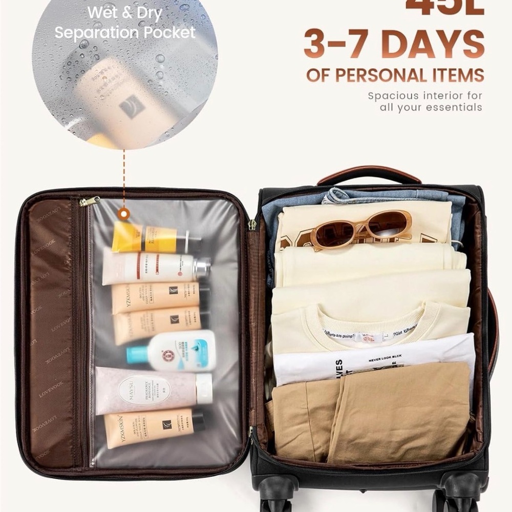 Lovevook Carry on Luggage 22X14X9, 20 Inch Softside Suitcase with 4 Pcs, - Picture 3 of 9